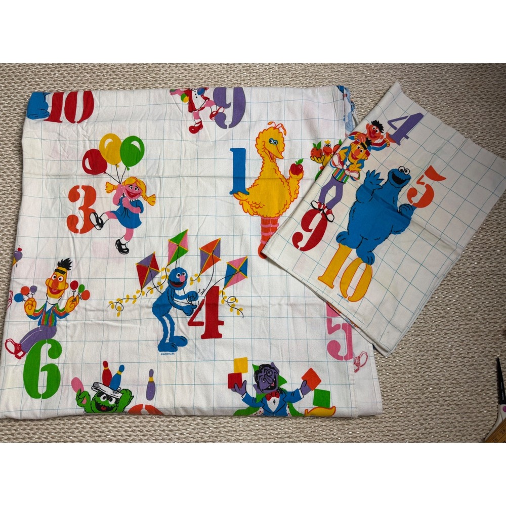 Vintage Sesame Street Muppets Twin Flannel Sheet Set Big Bird Cookie Monster USA